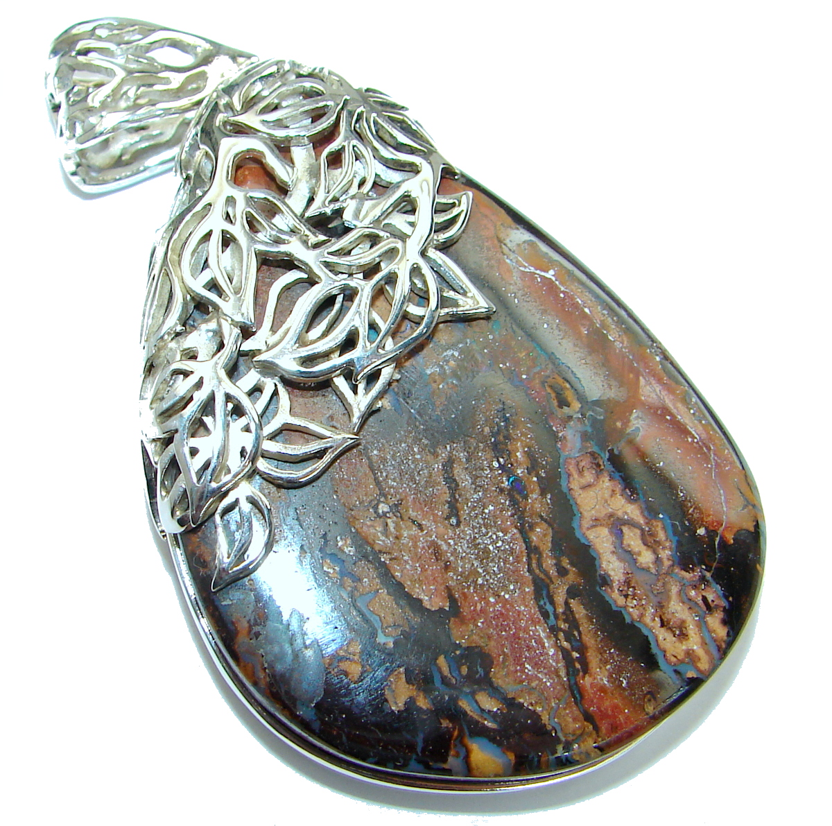 Huge Authentic Australian Boulder Opal .925 Sterling Silver handmade Pendant