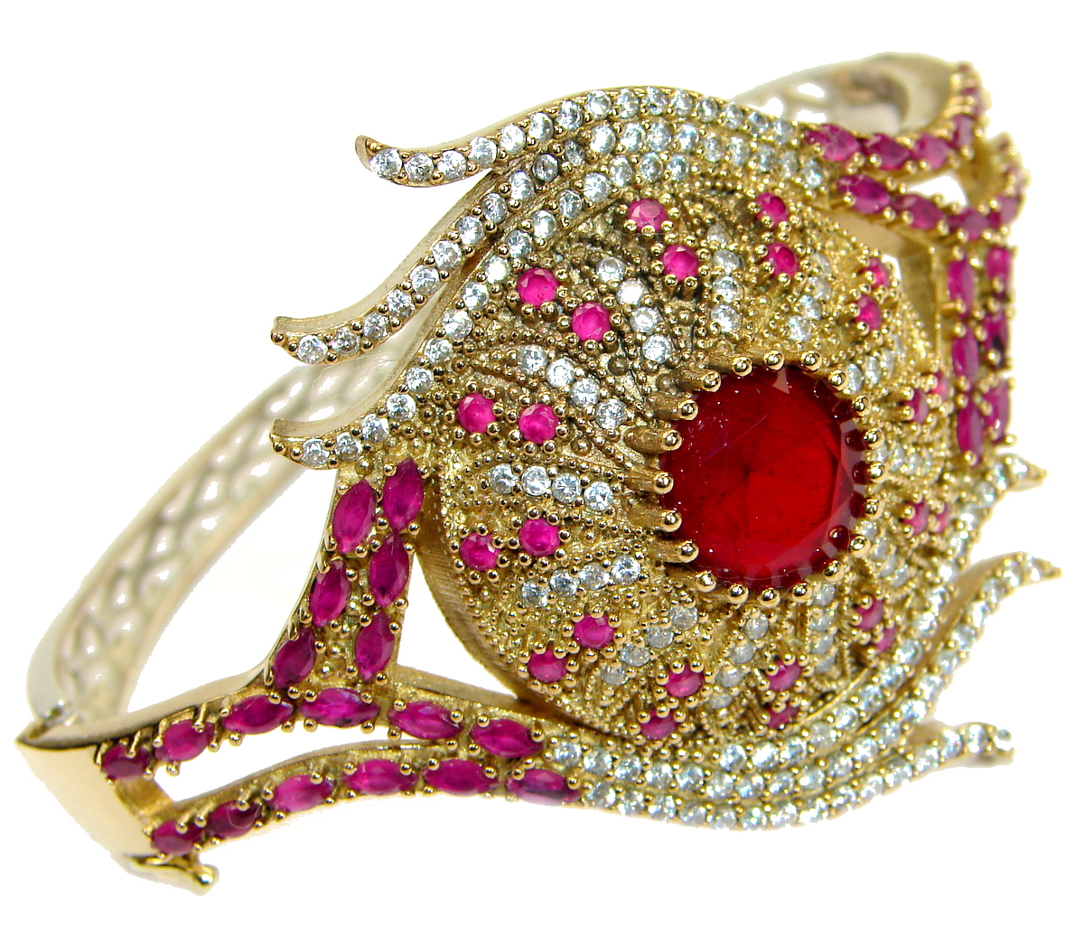 Victorian Style created Ruby & White Topaz Sterling Silver Bracelet / Cuff