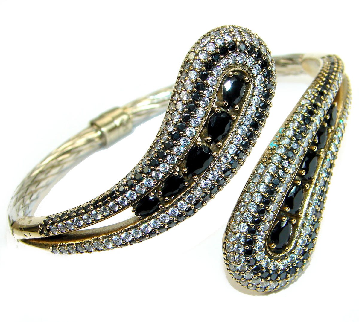 Victorian Style Onyx & White Topaz .925 Sterling Silver Bracelet Cuff