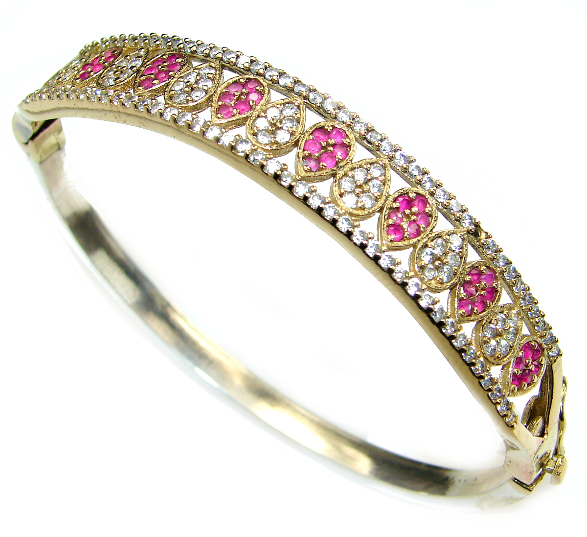 Victorian Style created Ruby & White Topaz Sterling Silver Bracelet / Cuff