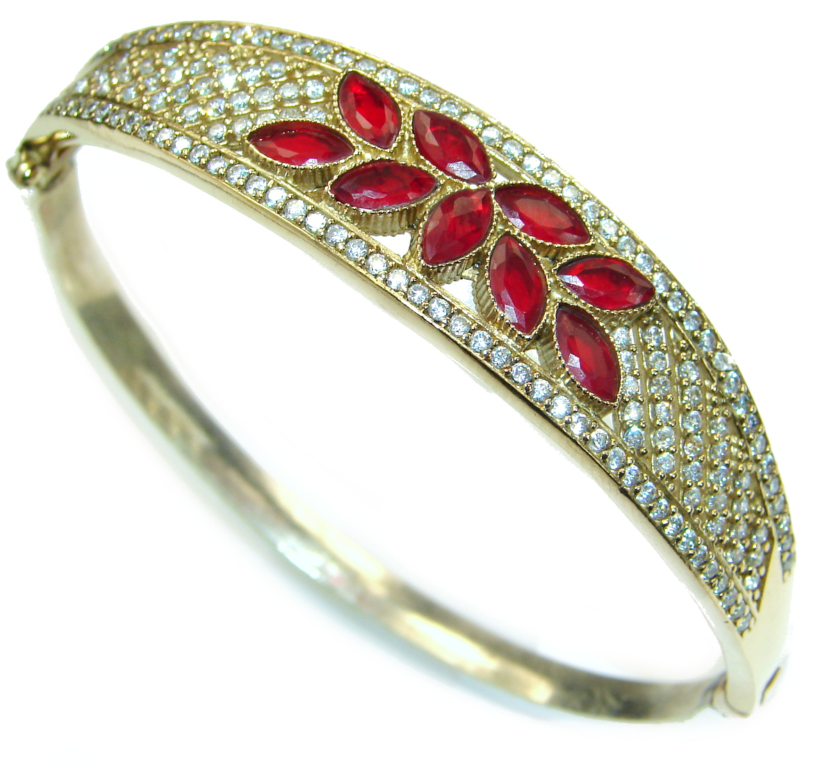 Victorian Style created Ruby & White Topaz Sterling Silver Bracelet / Cuff