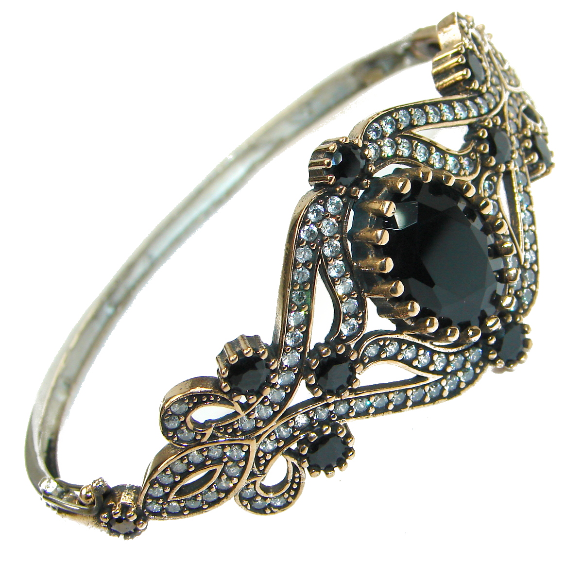 Victorian Style Onyx & White Topaz .925 Sterling Silver Bracelet Cuff