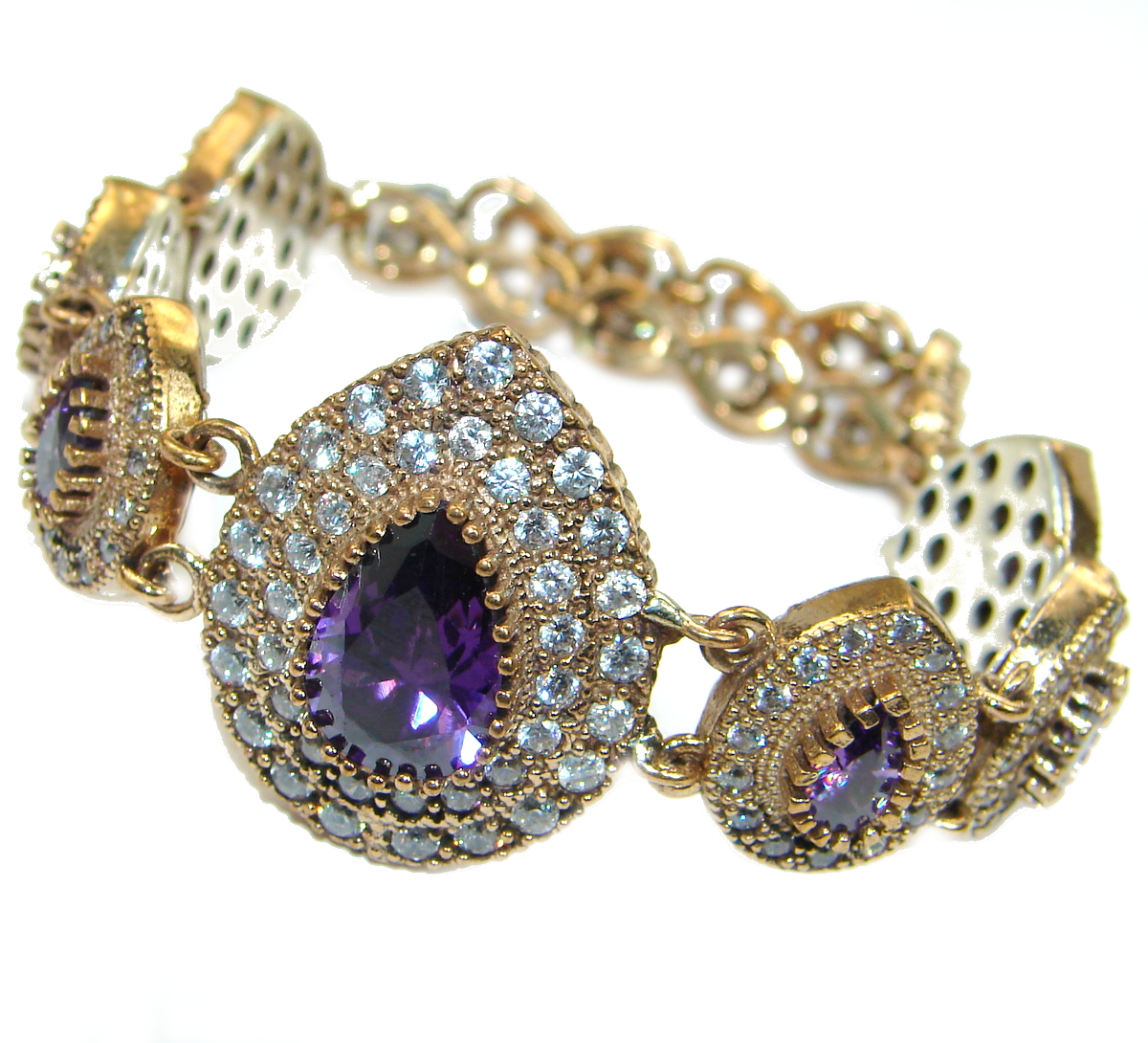 Victorian Style created Amethyst & White Topaz Sterling Silver Bracelet / Cuff