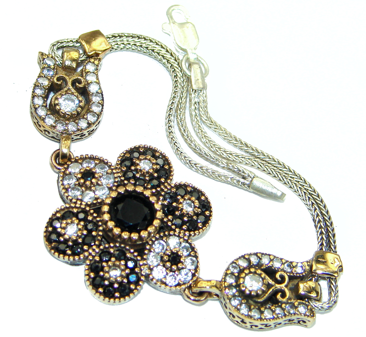 Victorian Style Onyx & White Topaz .925 Sterling Silver Bracelet Cuff