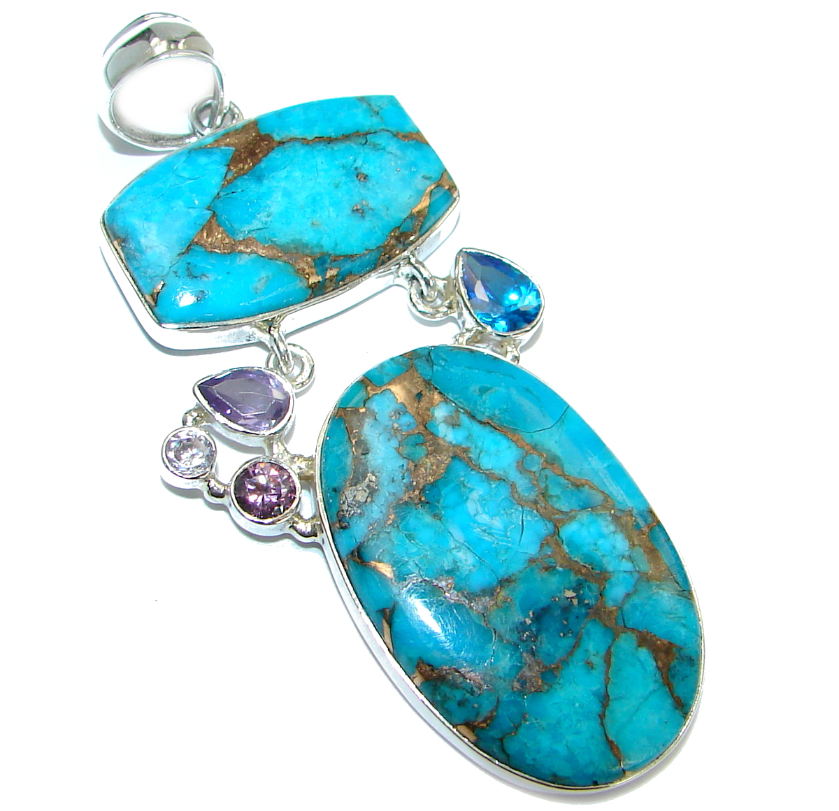 Huge Turquoise with Copper vains .925 Sterling Silver habndmade Pendant