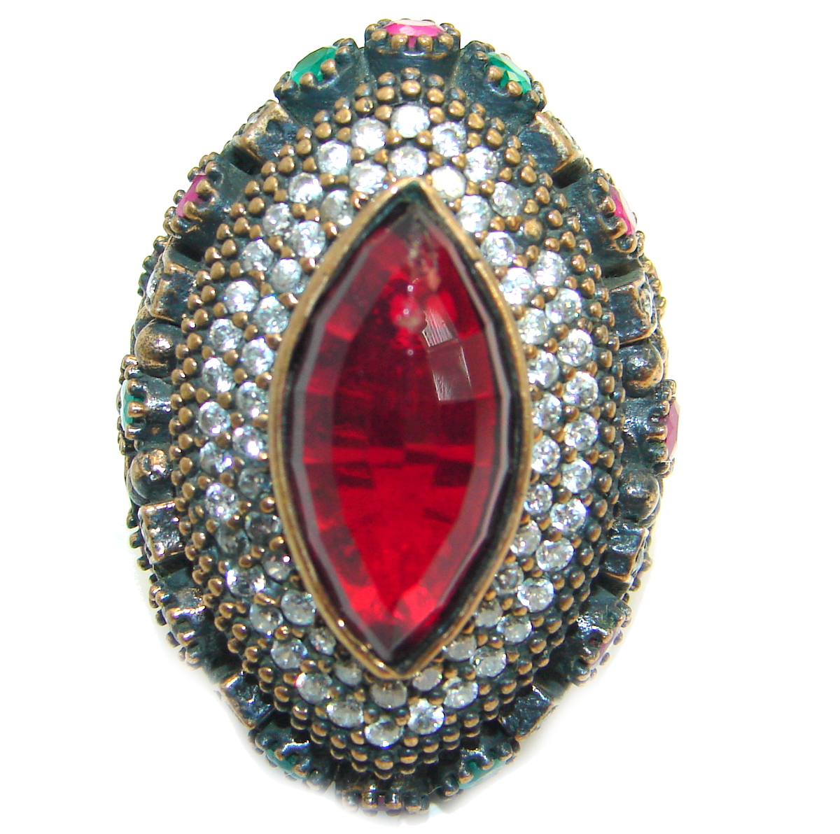 Large Victorian Style created Ruby Two Tones .925 Sterling Silver ring; s. 7 1/4