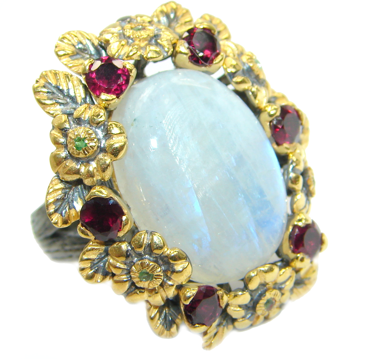 Huge Fire Moonstone Garnet 18K .925 Sterling Silver handcrafted ring size 7