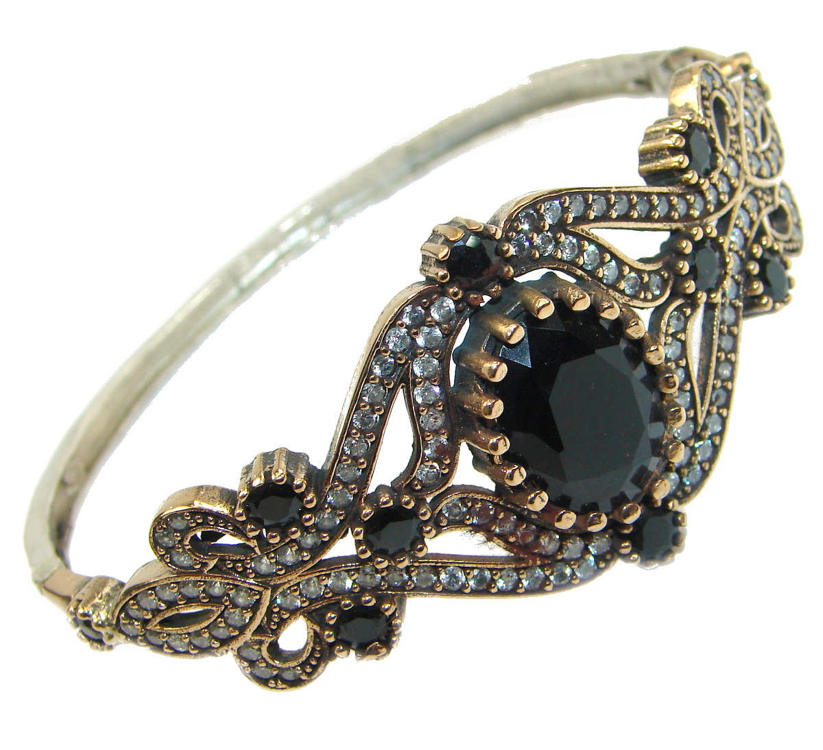 Victorian Style Onyx & White Topaz .925 Sterling Silver Bracelet Cuff