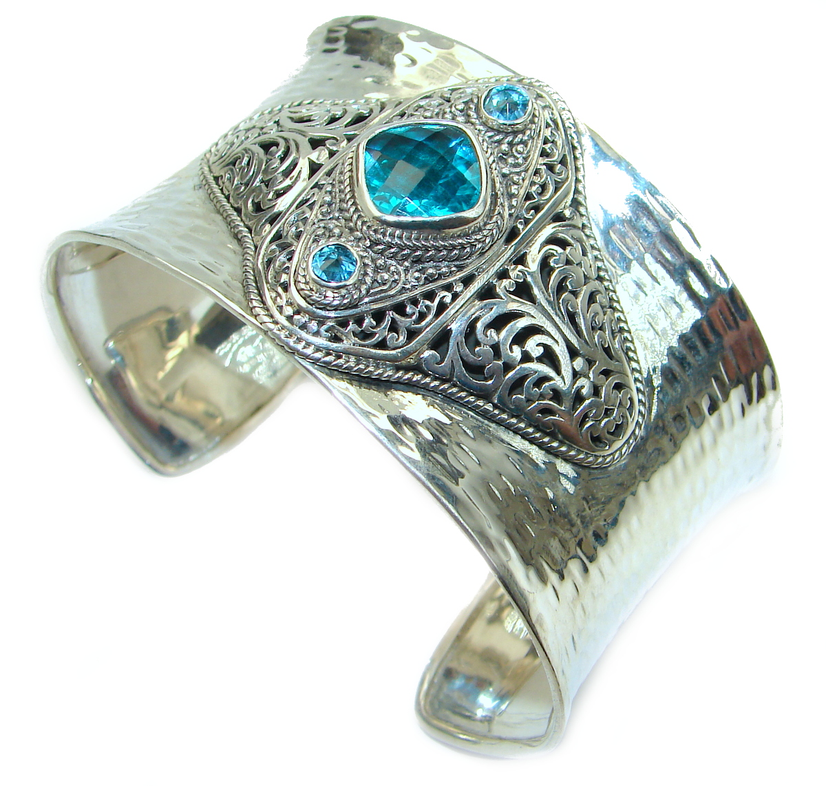 Huge Luxury Blue Volcanic Mystic Topaz Sterling .925 Silver handmade Cuff/Bracelet