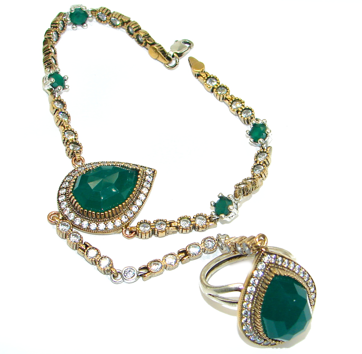 Victorian Style Created Emerald & White Topaz copper covered Sterling Silver Bracelet / Cuff