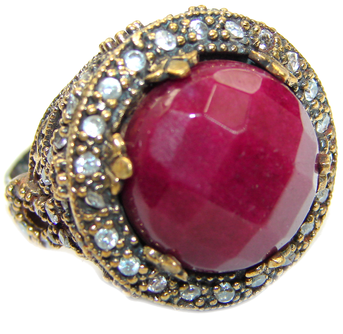 Large Victorian Style created Ruby Two Tones .925 Sterling Silver ring; s. 8 1/4