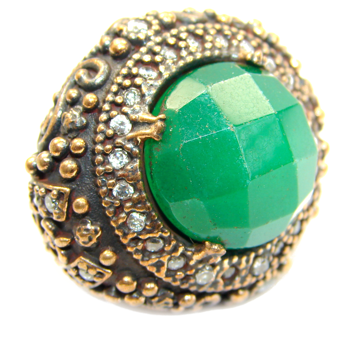 Victorian Style created Emerald & White Topaz Copper over Sterling Silver ring; s. 7 1/2