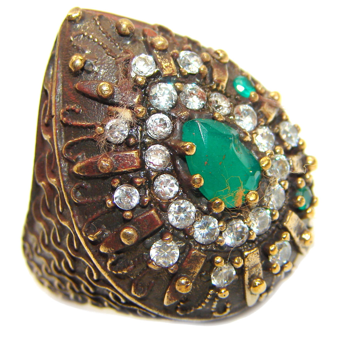 Victorian Style created Emerald & White Topaz Copper over Sterling Silver ring; s. 7 1/4