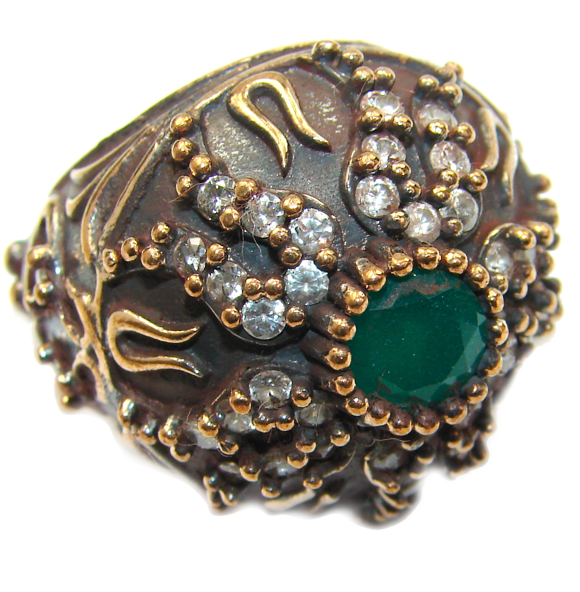 Victorian Style created Emerald & White Topaz Sterling Silver Ring s. 6