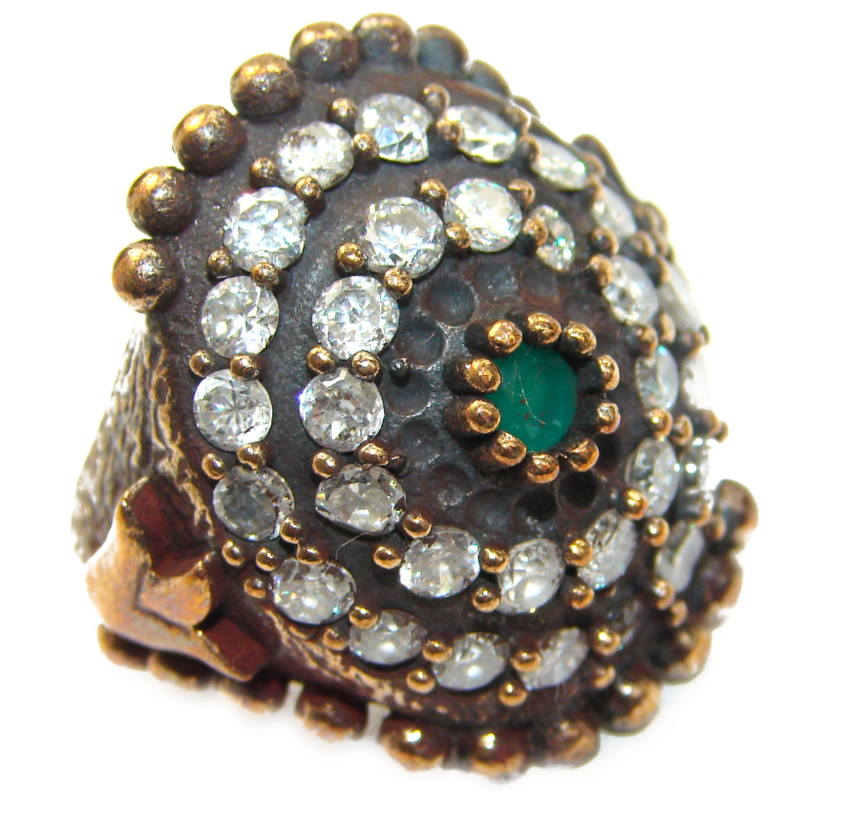 Victorian Style created Emerald & White Topaz Copper over Sterling Silver ring; s. 6 3/4