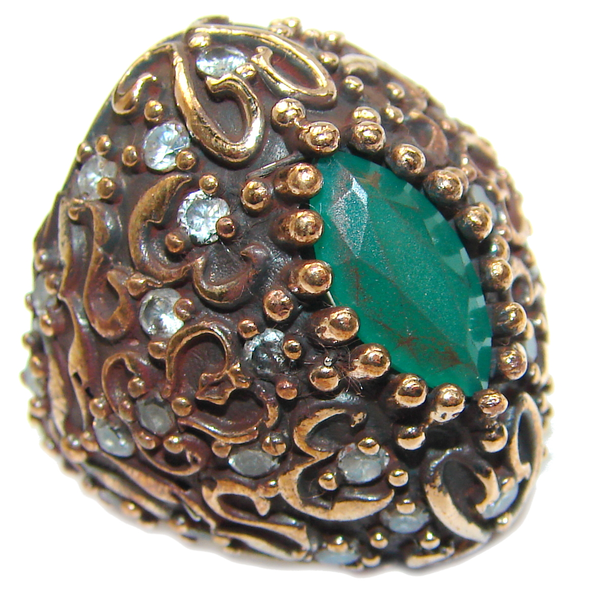 Victorian Style created Emerald & White Topaz Copper over Sterling Silver ring; s. 6
