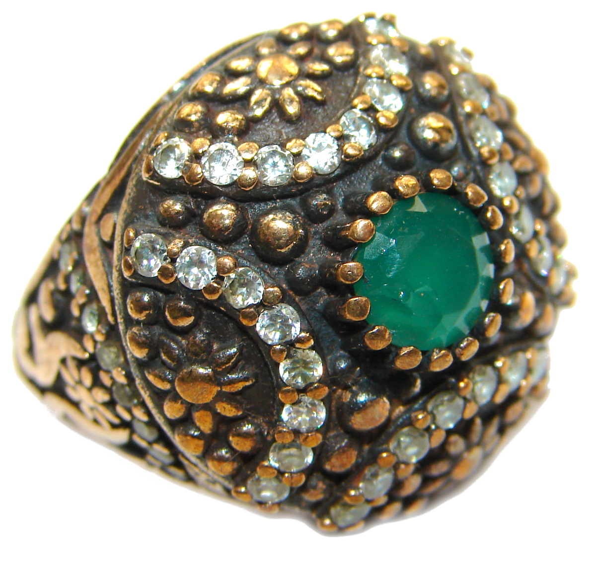 Victorian Style created Emerald & White Topaz Sterling Silver Ring s. 6 1/4