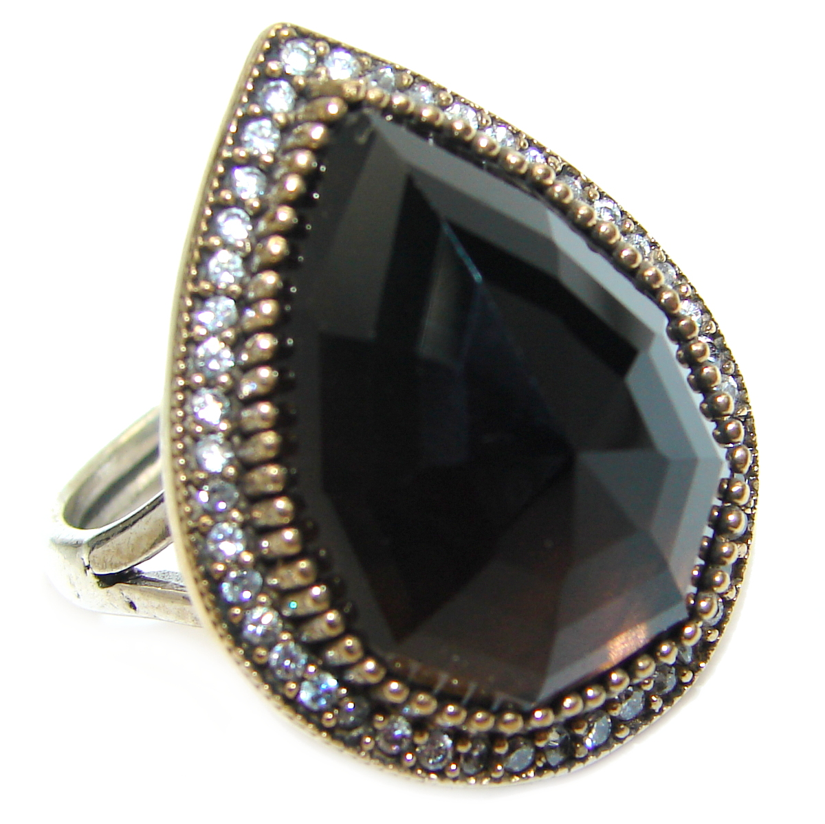 Large Victorian Style created Ruby Two Tones .925 Sterling Silver ring; s. 7 adjustable