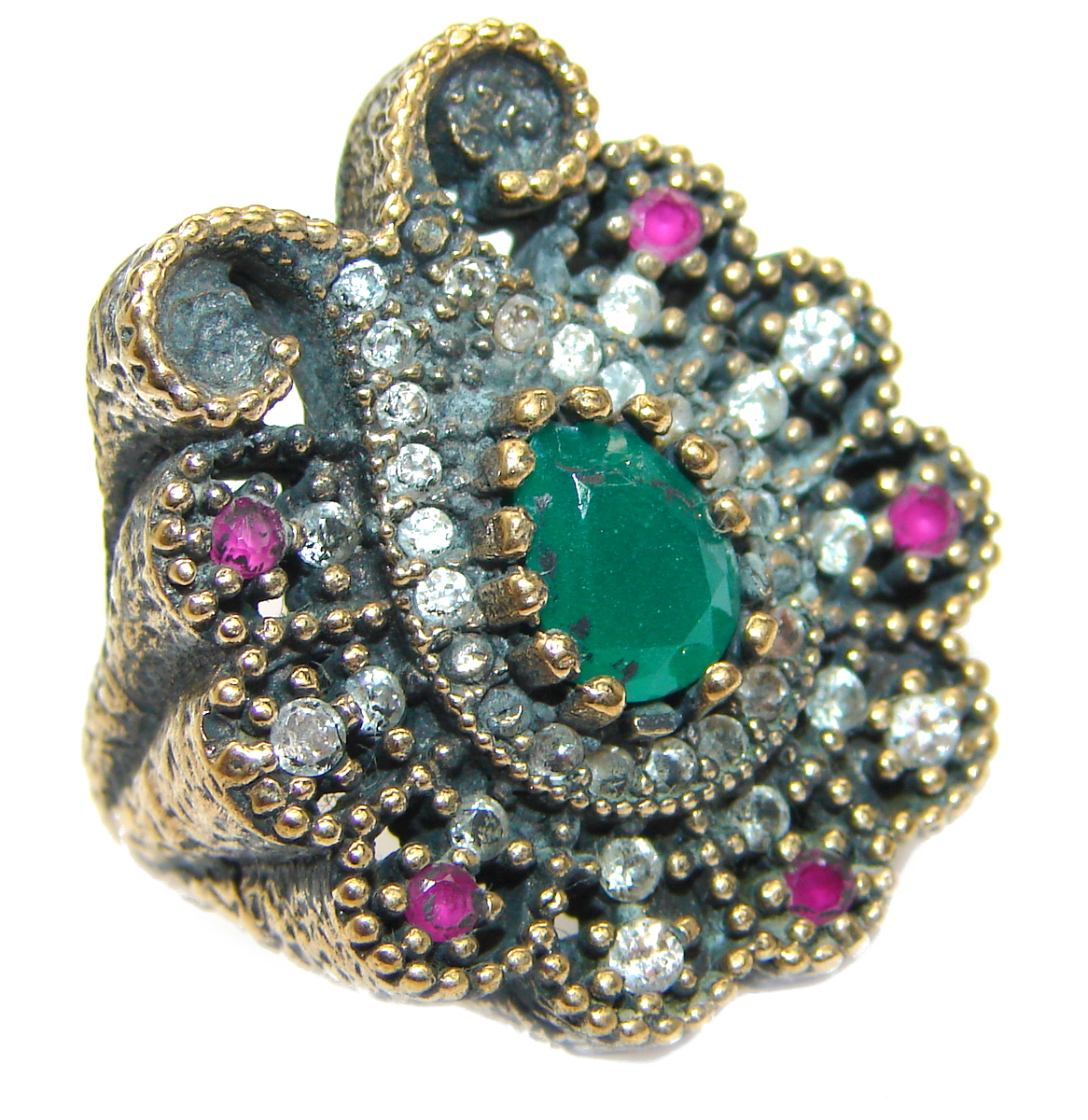 Victorian Style created Emerald & White Topaz Copper over Sterling Silver ring; s. 6 1/4