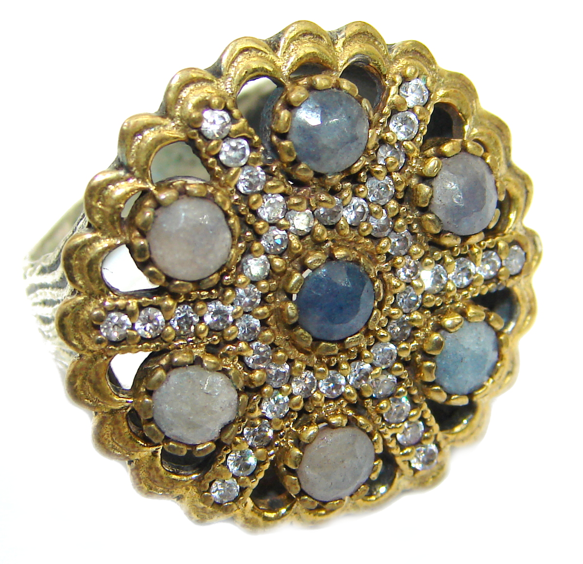 Large Victorian Style created Sapphire & White Topaz Sterling Silver ring; s. 6 3/4