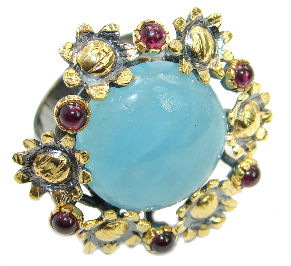 Genuine Aquamarine 14K Gold over .925 Sterling Silver handmade Cocktail Ring s. 8 1/4