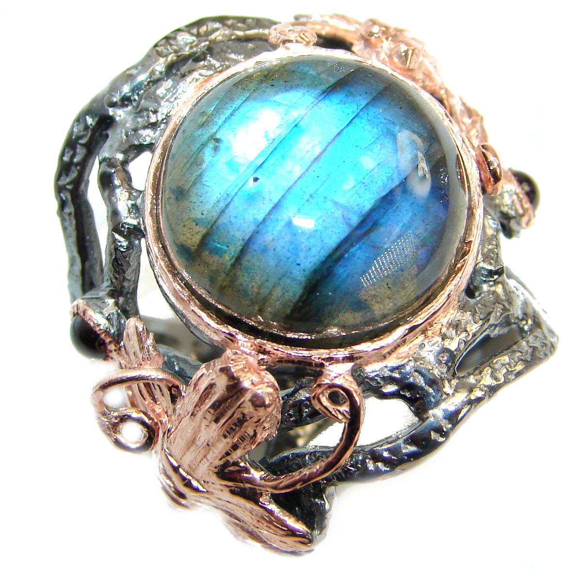 Large Fire Labradorite Rose Gold over .925 Sterling Silver handmade ring size 7
