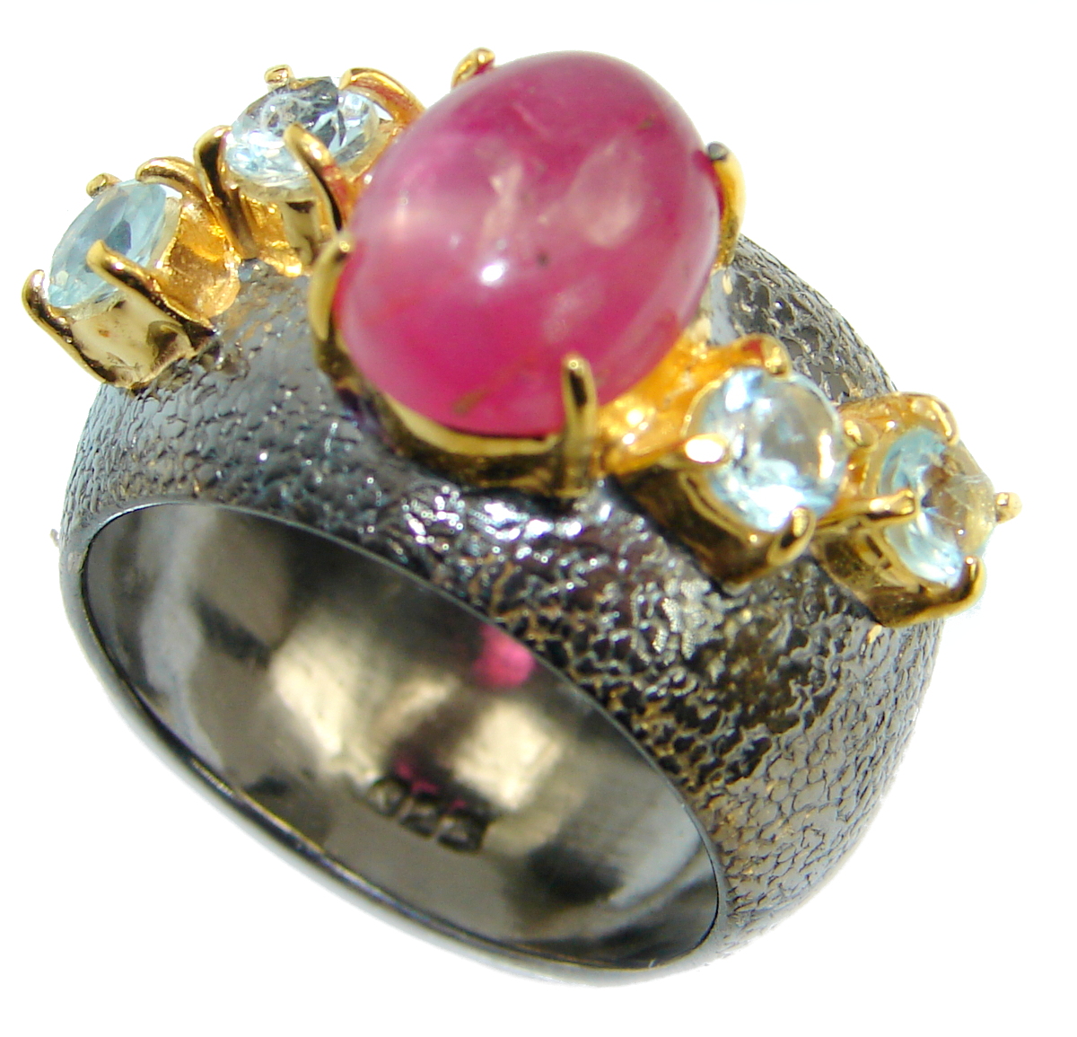 Genuine Ruby Gold Rhodonite over .925 Sterling Silver Statement ring; s. 8 1/4