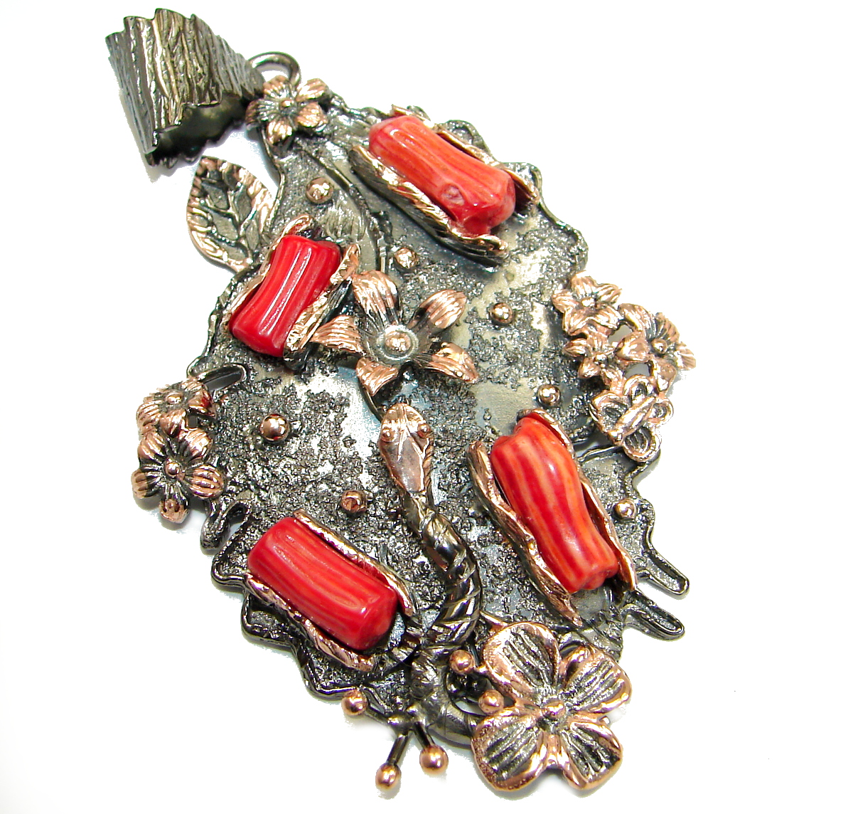 Huge Genuine Coral Rhodium Gold over .925 Sterling Silver handcrafted Pendant