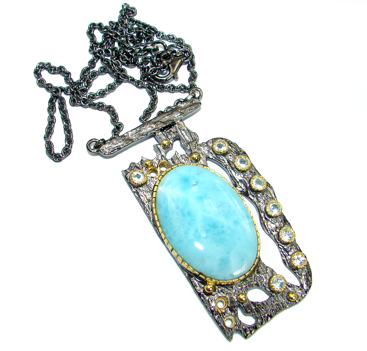Luxury Larimar Swiss Blue Topaz Gold over .925 Sterling Silver handcrafted necklace