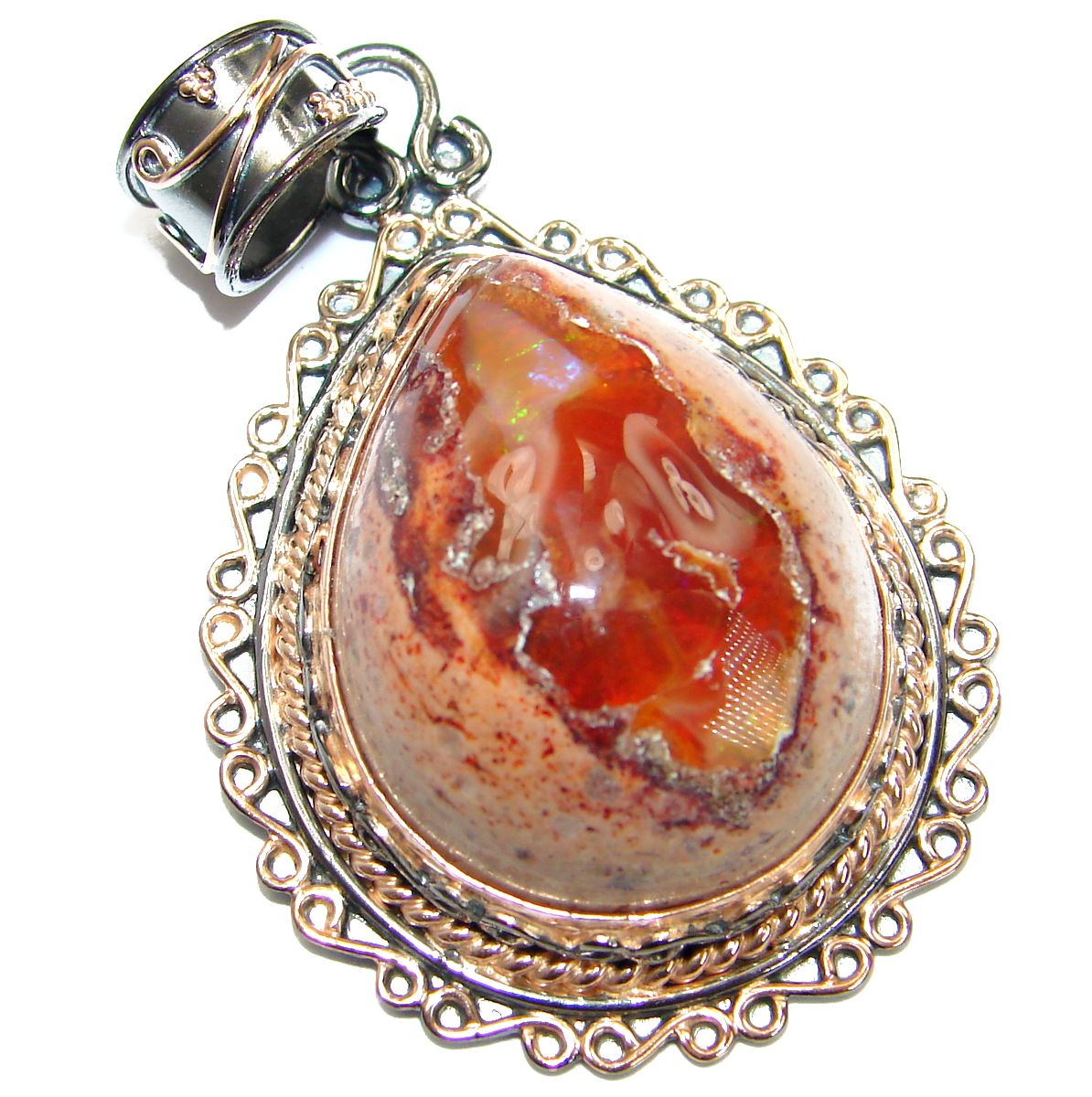 Vintage Design Mexican Fire Opal Rose Gold over .925 Sterling Silver handmade Pendant