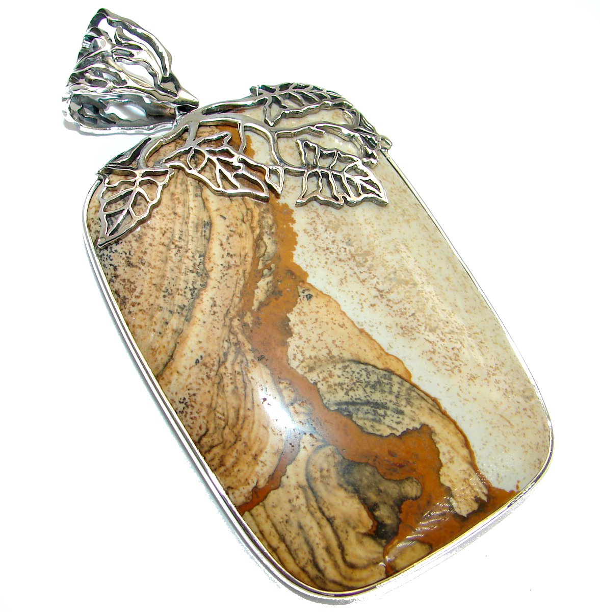Huge 35.9 grams Classy Picture Jasper .925 Sterling Silver handmade Pendant