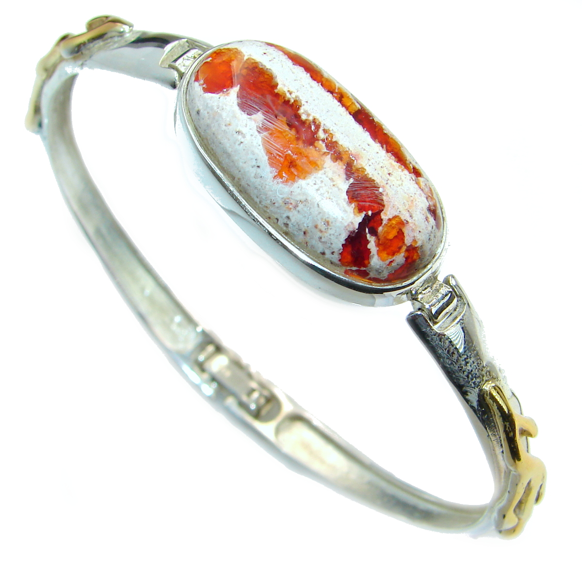Handmade Artisan Sterling Silver 925 Bracelet with unique one of a kind Mexican Fire Opal,  13.50 grams of marvelous handcrafted jewelry design. Only one piece availble ready to ship! It's unique worldwide bracelet - simply piece of art in world of fine jewelry. Authentic Mexican Opal .925 Sterling Silver handcrafted Bracelet / Cuff  BRACELET DETAILS: Weight: 13.50g; Material: Sterling Silver; Main stone: Mexican Fire Opal; Other stones: ; Width (widest section): L - 5/8, w - 1, T - 1/4 inch; Inner circumference: 6-8 inch; Clasp: hidden; Stamp / Mark: 925; Condition: New; Main color: orange; Shape: abstract; Collection: In to The Woods;  Item Code: 31-sie-18-108