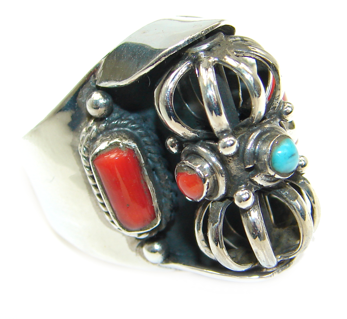 Natural Fossilized Coral Turquoise .925 Sterling Silver handmade ring s. 9
