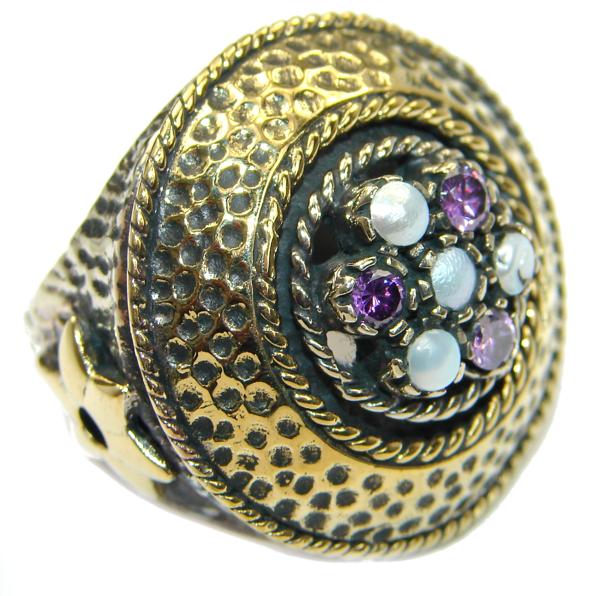 Large Victorian Style created Sapphire & White Topaz Sterling Silver ring; s. 8 1/4