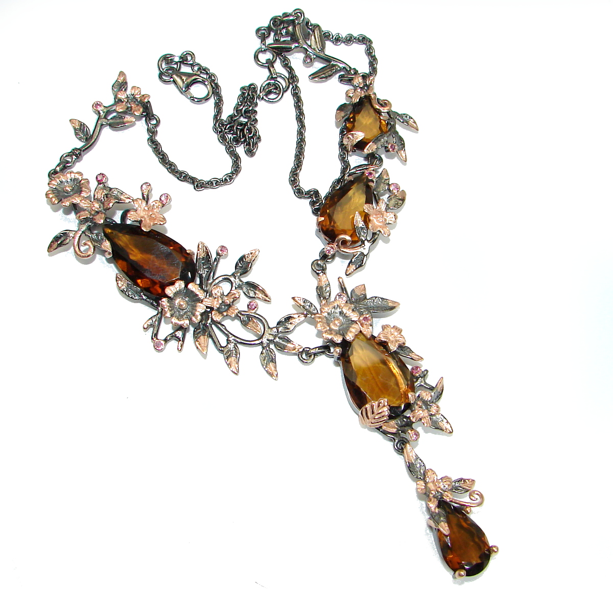 Rain Drops natural Smoky Topaz Rose Gold over .925 Sterling Silver handmade necklace