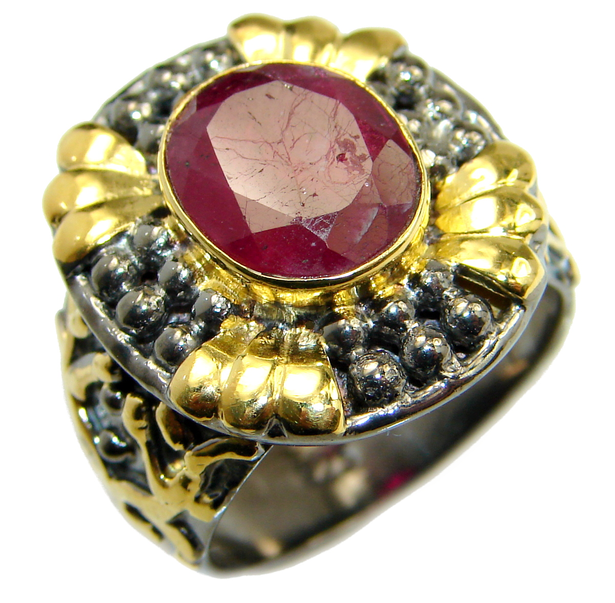 Large genuine Ruby 14K Gold over .925 Sterling Silver Statement ring; s. 7 1/4
