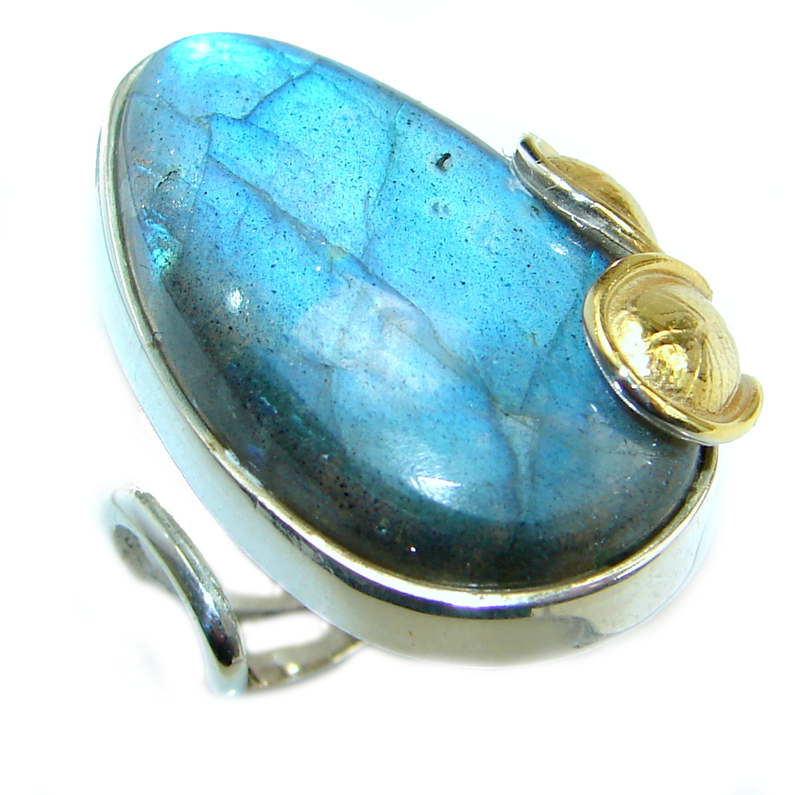 Large Fire Labradorite two tones .925 Sterling Silver handmade ring size 8 adjustable