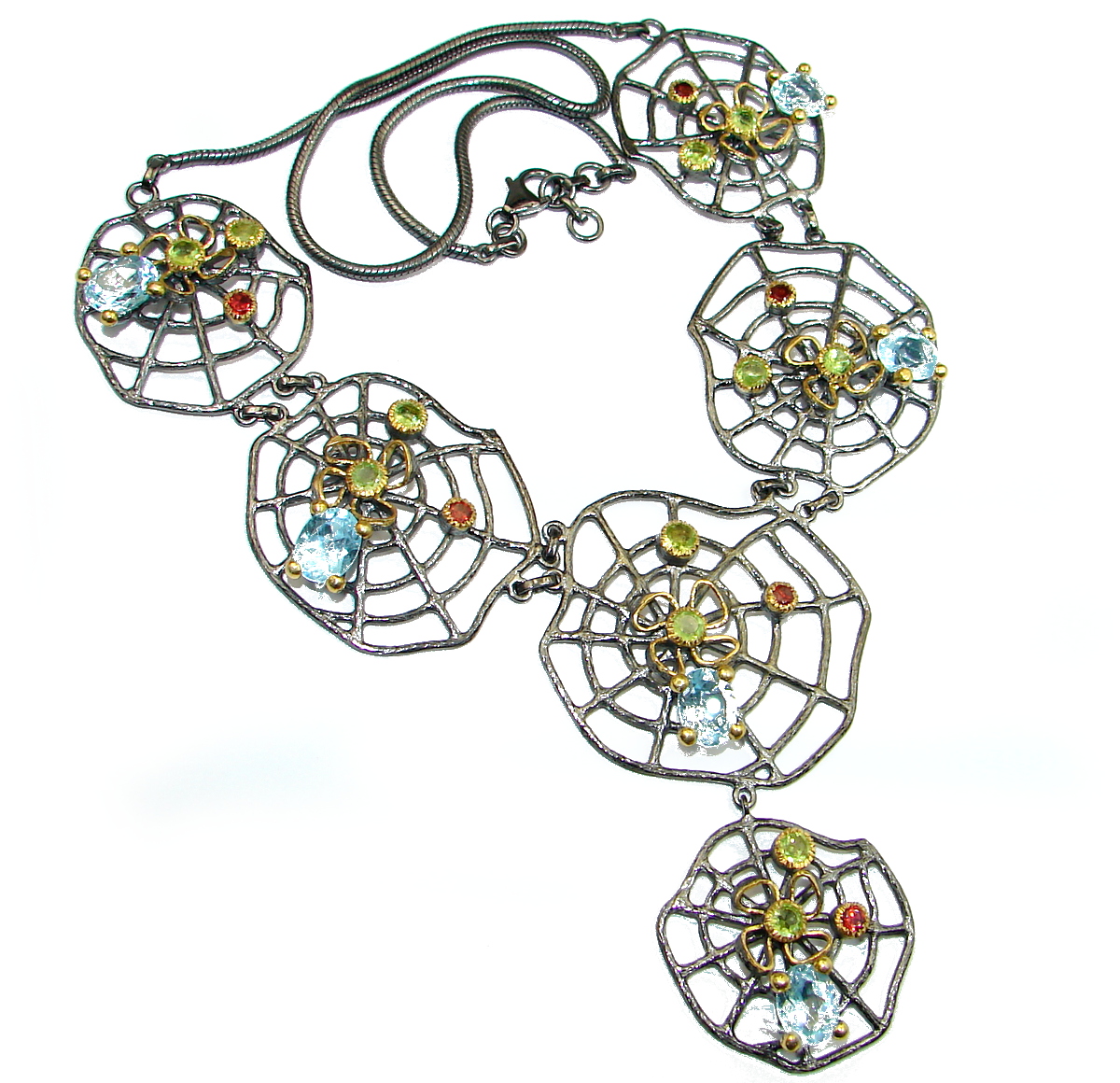 Huge Spider's Web genuine Swiss Blue Topaz 18 ct Gold Rhodium over .925 Sterling Silver handcrafted necklace
