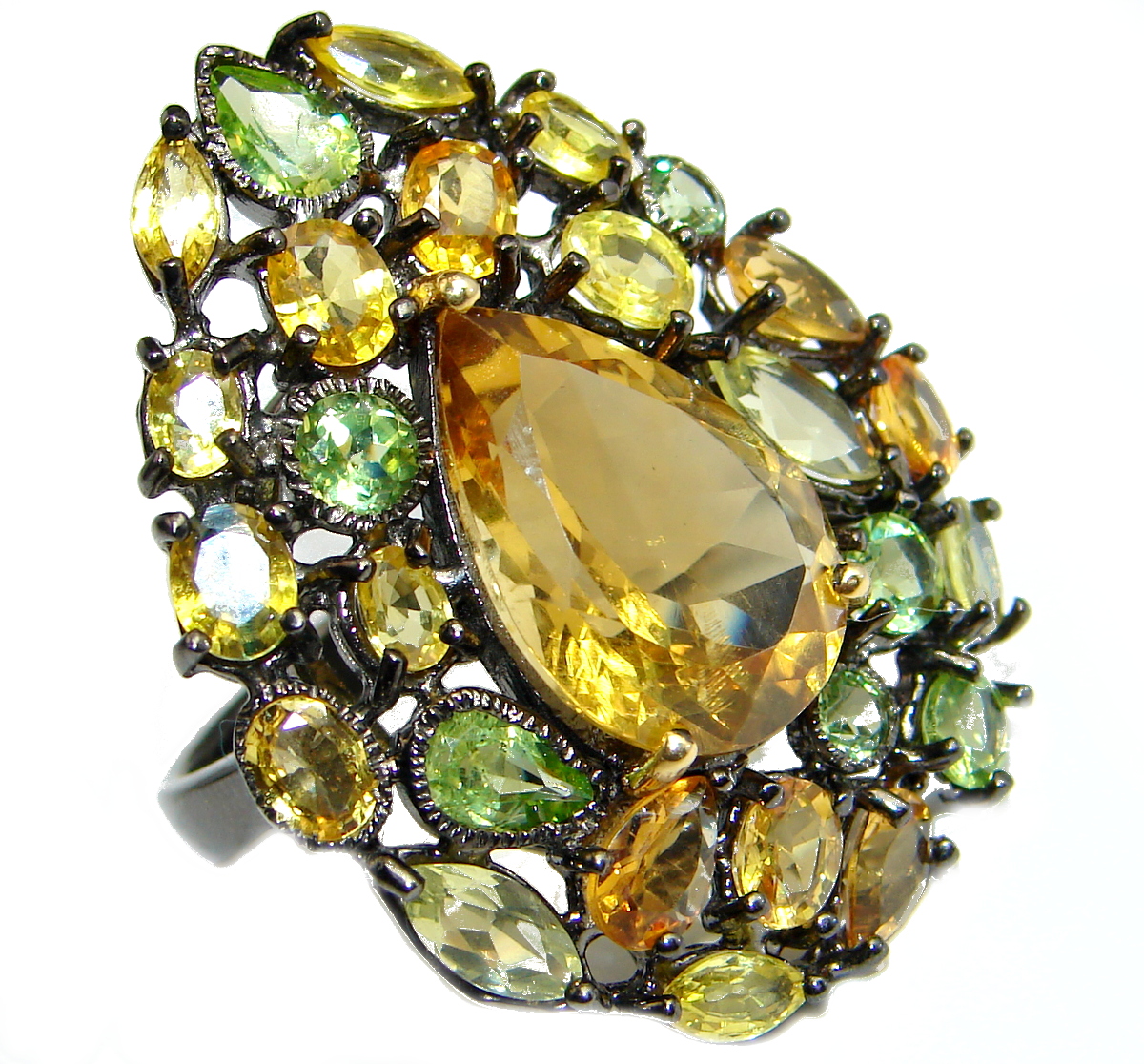 Majestic Authentic Citrine Peridot Black Rhodium over .925 Sterling Silver handmade Statement Ring s. 8