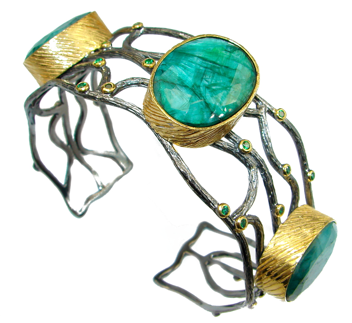 One in the World Sapphire Emerald Gold over .925 Sterling Silver Bracelet / Cuff