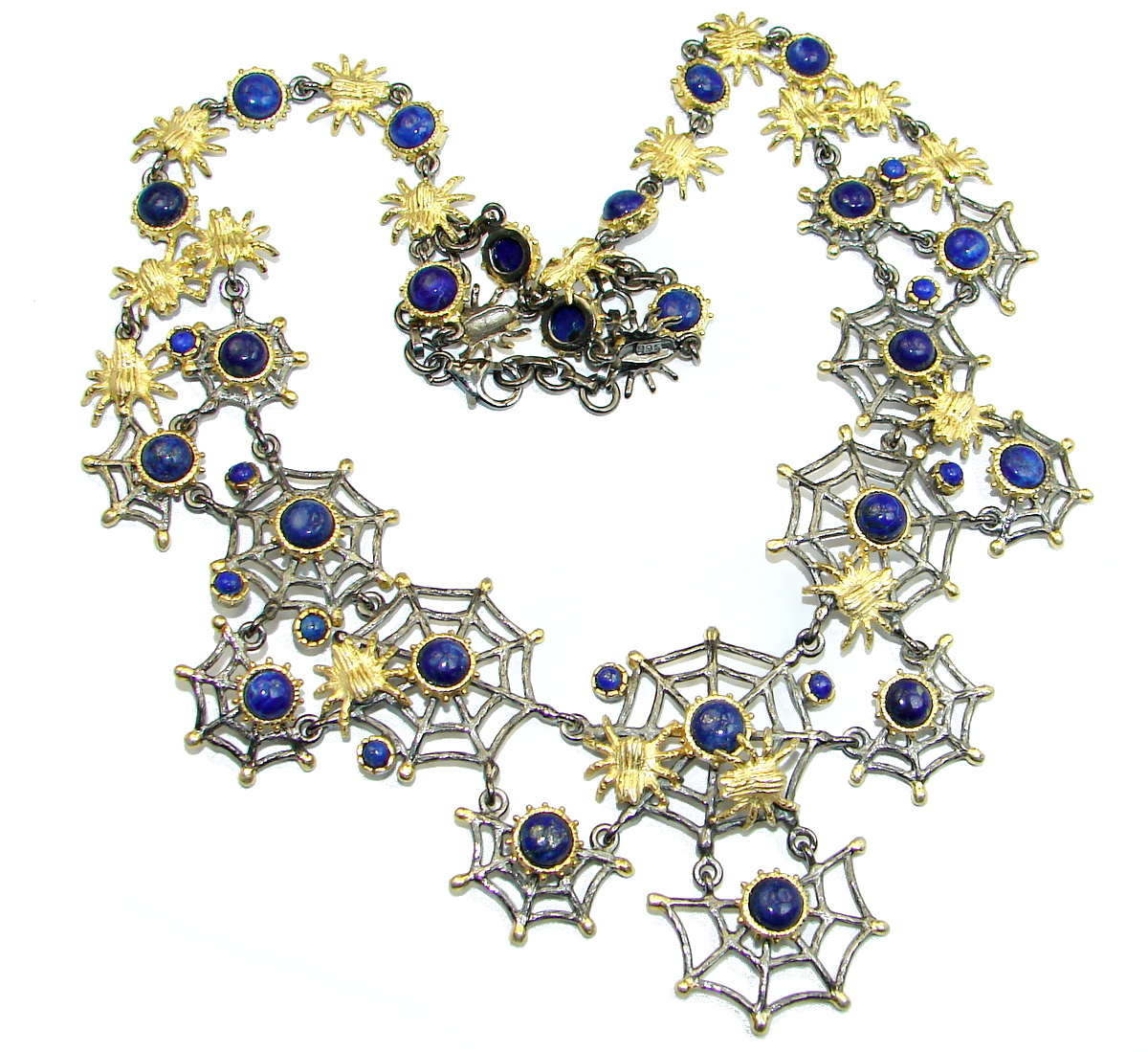 Huge Spider's Web genuine Lapis Lazuli 18 ct Gold Rhodium over .925 Sterling Silver handcrafted necklace