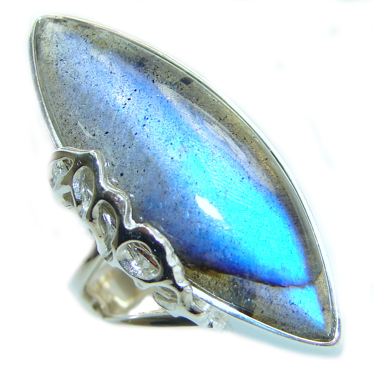 Large Fire Labradorite .925 Sterling Silver handmade ring size 7 adjustable