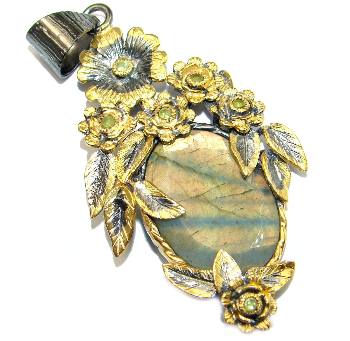 Flower Design genuine Fire Labradorite .925 Sterling Silver handmade Pendant