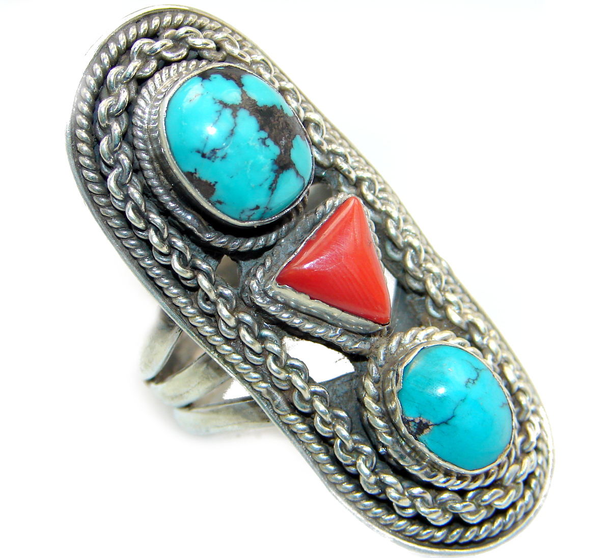 Natural Fossilized Coral Turquoise .925 Sterling Silver handmade ring s. 8