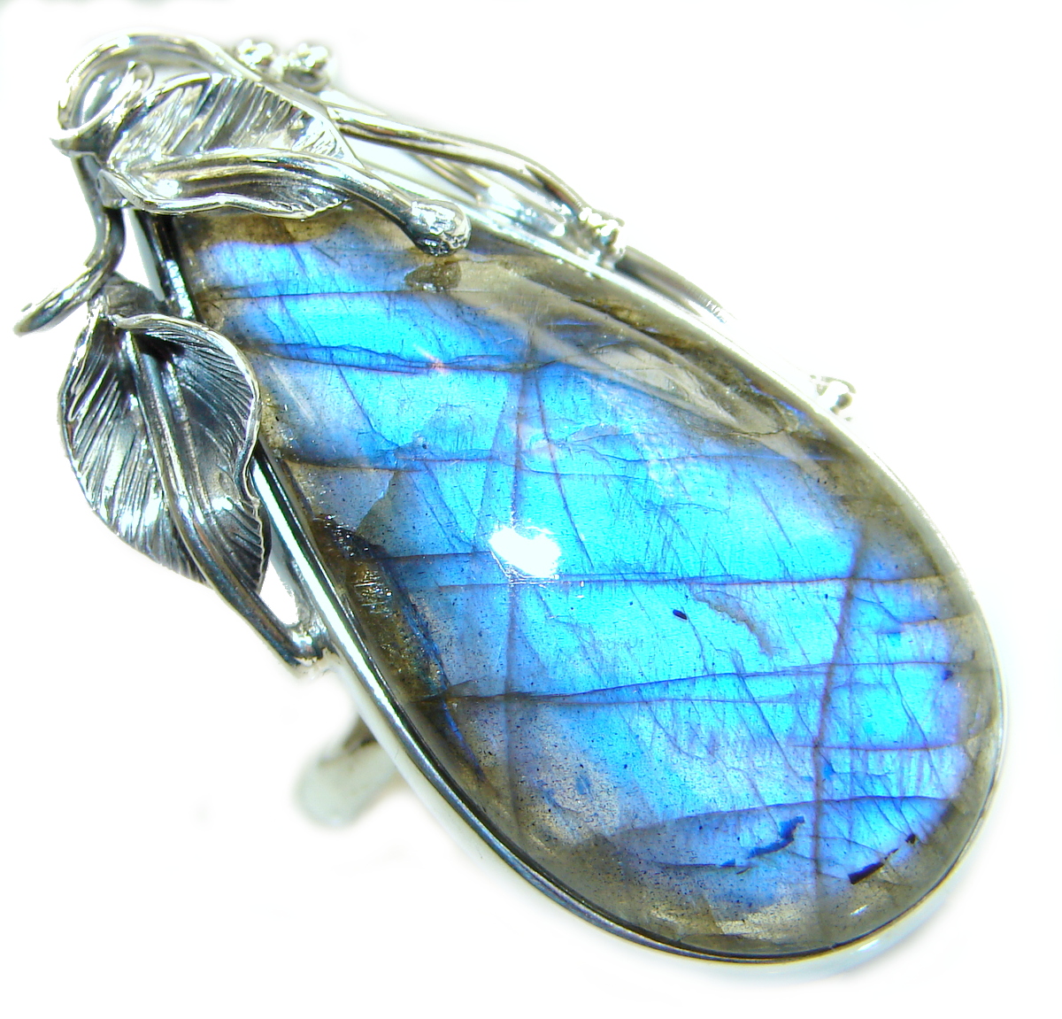 Large Fire Labradorite .925 Sterling Silver handmade ring size 7 adjustable