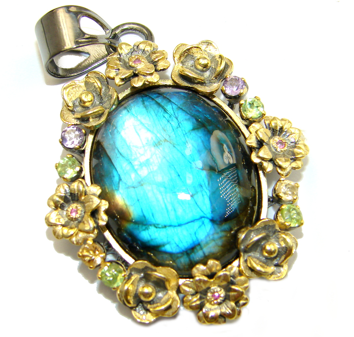 True Power genuine Fire Labradorite 14K Gold over .925 Sterling Silver handmade Pendant