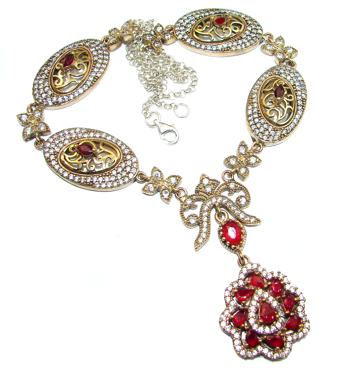 Huge Victorian created Ruby White Topaz & White Topaz .925 Sterling Silver necklace