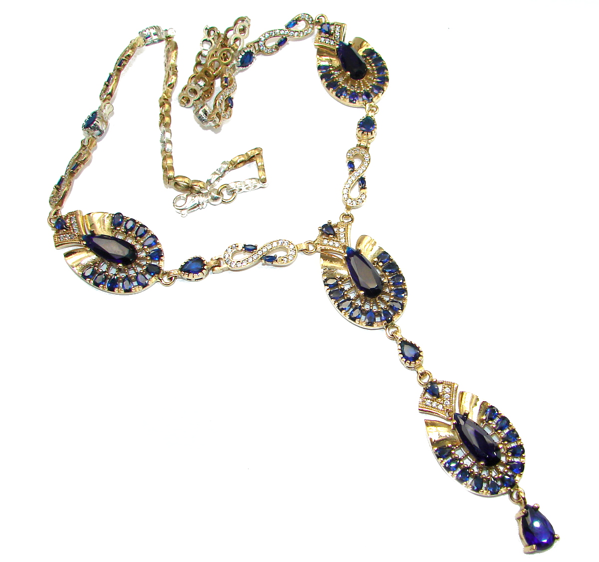 Victorian Style Created Dark Sapphire & White Topaz Sterling Silver necklace