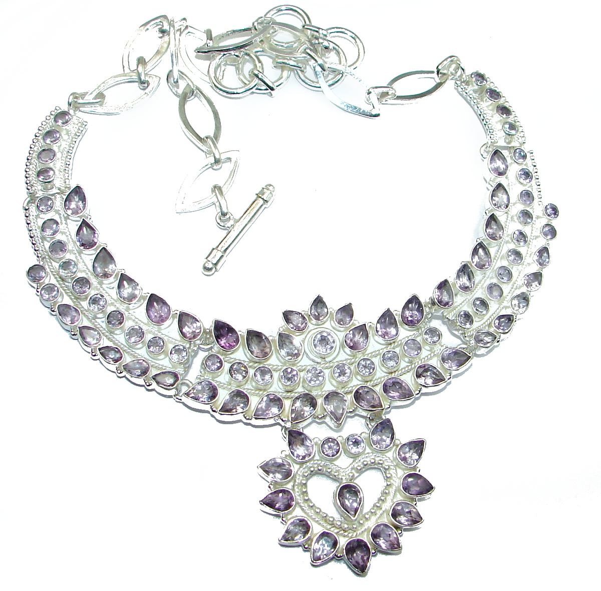 Handmade Artisan Sterling Silver 925 Necklace with unique one of a kind Amethyst,  78.55 grams of marvelous handcrafted jewelry design. Only one piece availble ready to ship! It's unique worldwide necklace - simply piece of art in world of fine jewelry. Great genuine  Amethyst .925 Sterling Silver handmade Necklace  NECKLACE DETAILS: Weight: 78.55g; Material: Sterling Silver; Main stone: Amethyst; Inner circumference: 16 inch; Drop Part: 2 1/2 inch; Clasp: toggle; Stamp / Mark: 925; Condition: New; Main color: purple; Shape: abstract; Collection: Agra;  Item Code: 8-lis-18-38