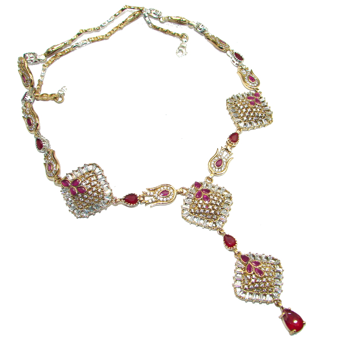 Huge Victorian created Ruby White Topaz & White Topaz .925 Sterling Silver necklace